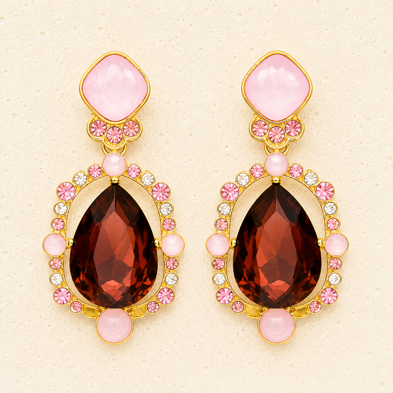Burgundy and soft pink crystal drop earrings