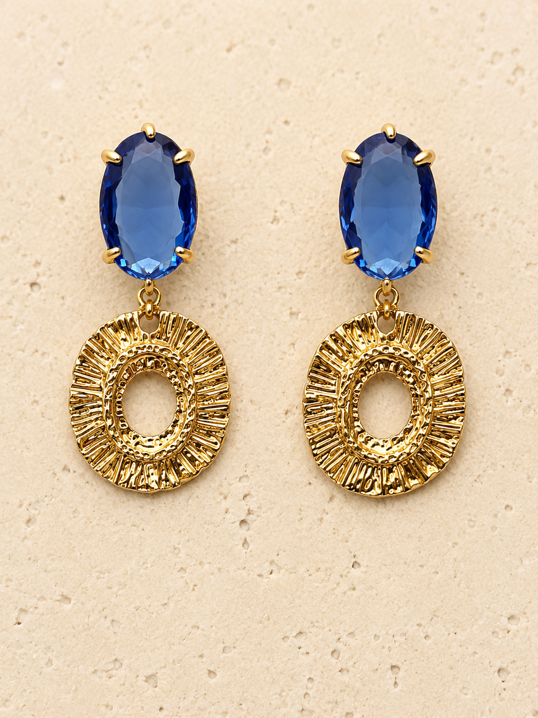 Blue crystal and brass earrings