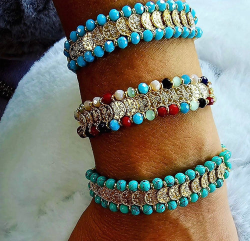 24ct gold plated bracelets featuring brass, beads, turquoise