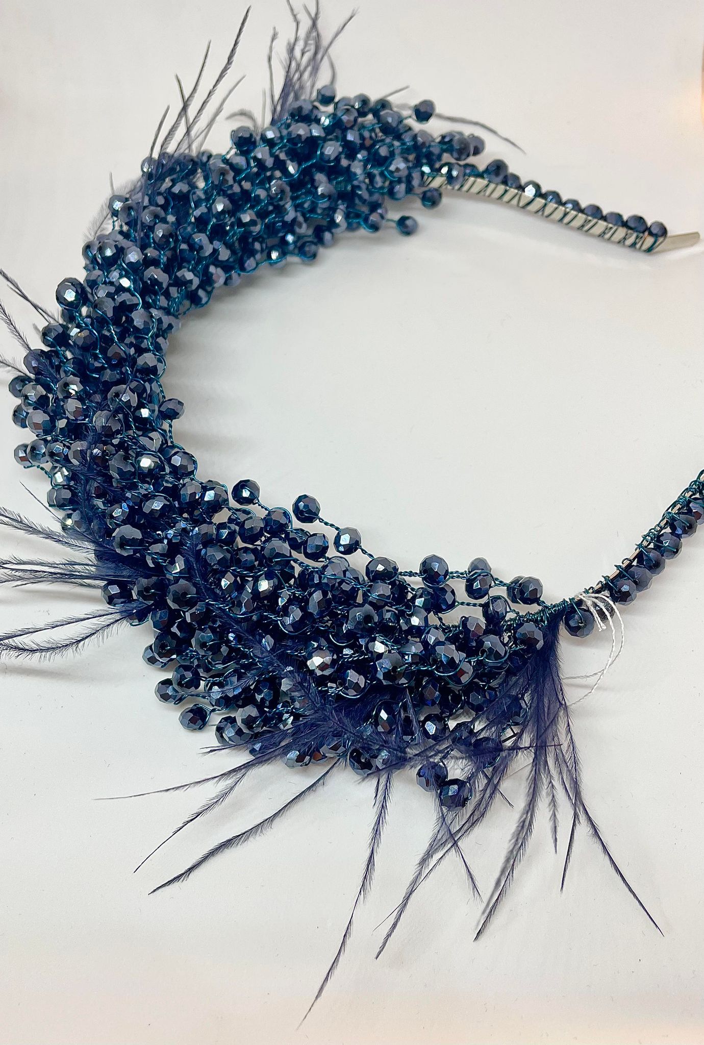 Artisan hair accessory: Headband detailed with feathers and beads - royal blue