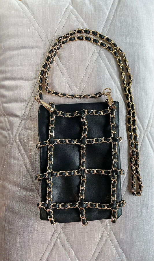 Crossbody bag with gold chain patchwork - black