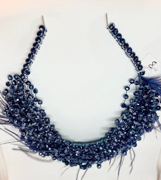 Artisan hair accessory: Headband detailed with feathers and beads - royal blue