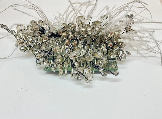 Artisan hair accessory:  beading and feathers - clear