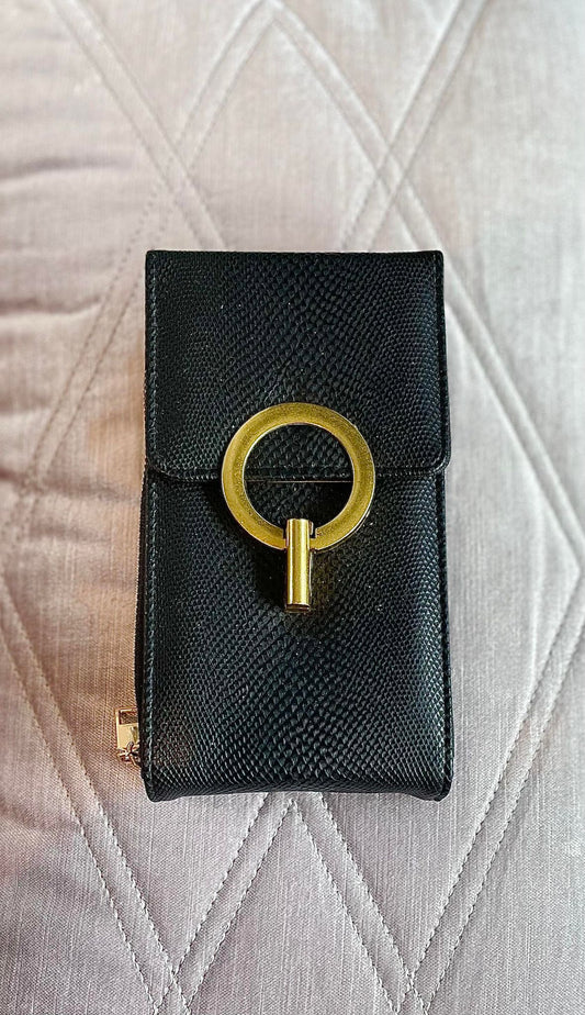 Crossbody bag with bronzed metal clasp