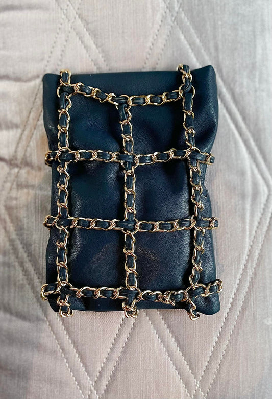 Crossbody bag with gold chain patchwork - blue