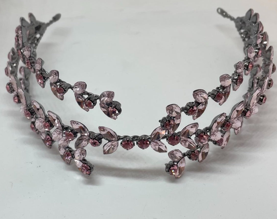 Artisan hair accessory: Triple strand headband with pink crystal beading