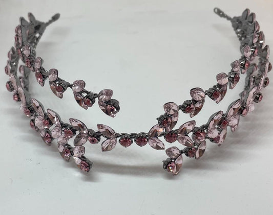 Artisan hair accessory: Triple strand headband with pink crystal beading