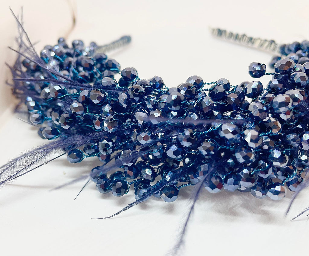 Artisan hair accessory: Headband detailed with feathers and beads - royal blue