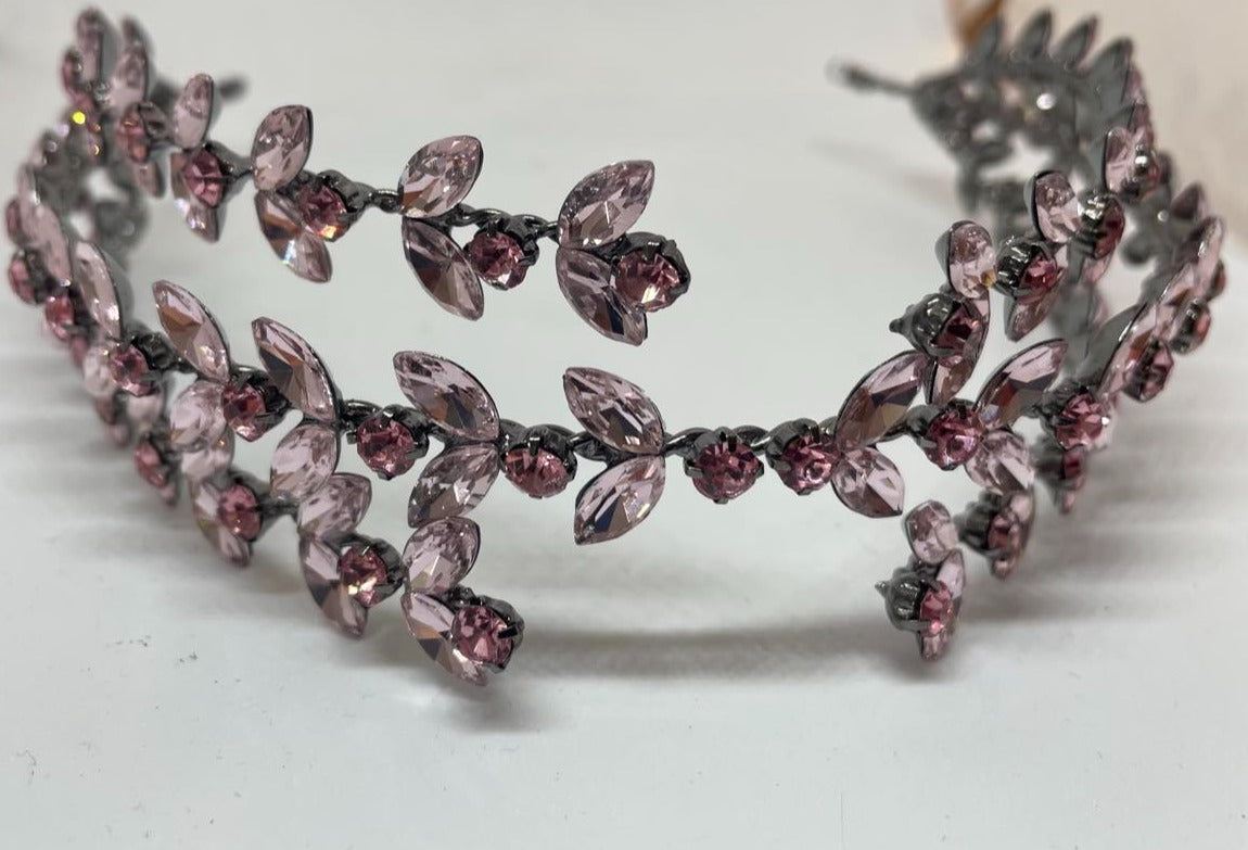 Artisan hair accessory: Triple strand headband with pink crystal beading
