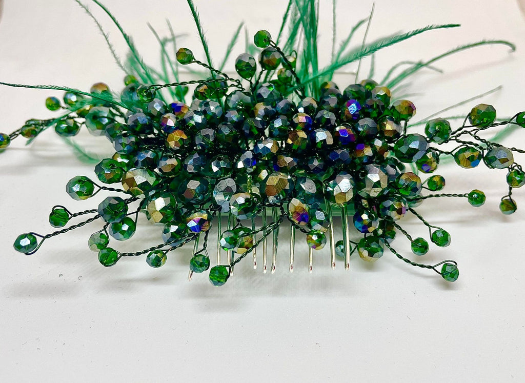 Artisan hair accessory: beading and feathers - emerald green