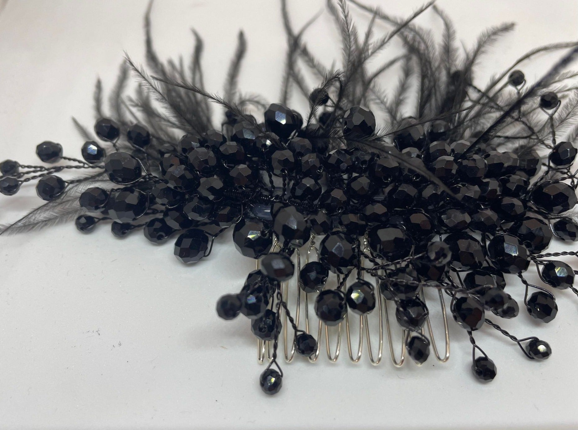Artisan hair accessory: beading and feathers -black swan