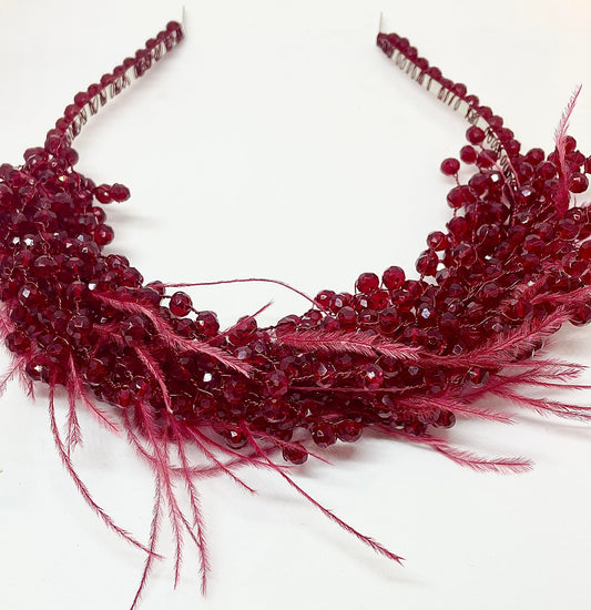 Artisan hair accessory: Headband detailed with feathers and beads - ruby red