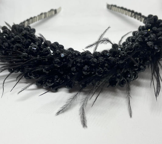 Artisan hair accessory: Headband detailed with feathers and beads - black swan