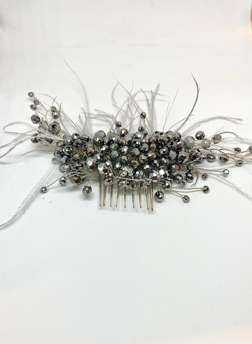 Artisan hair accessory:  beading and feathers - clear