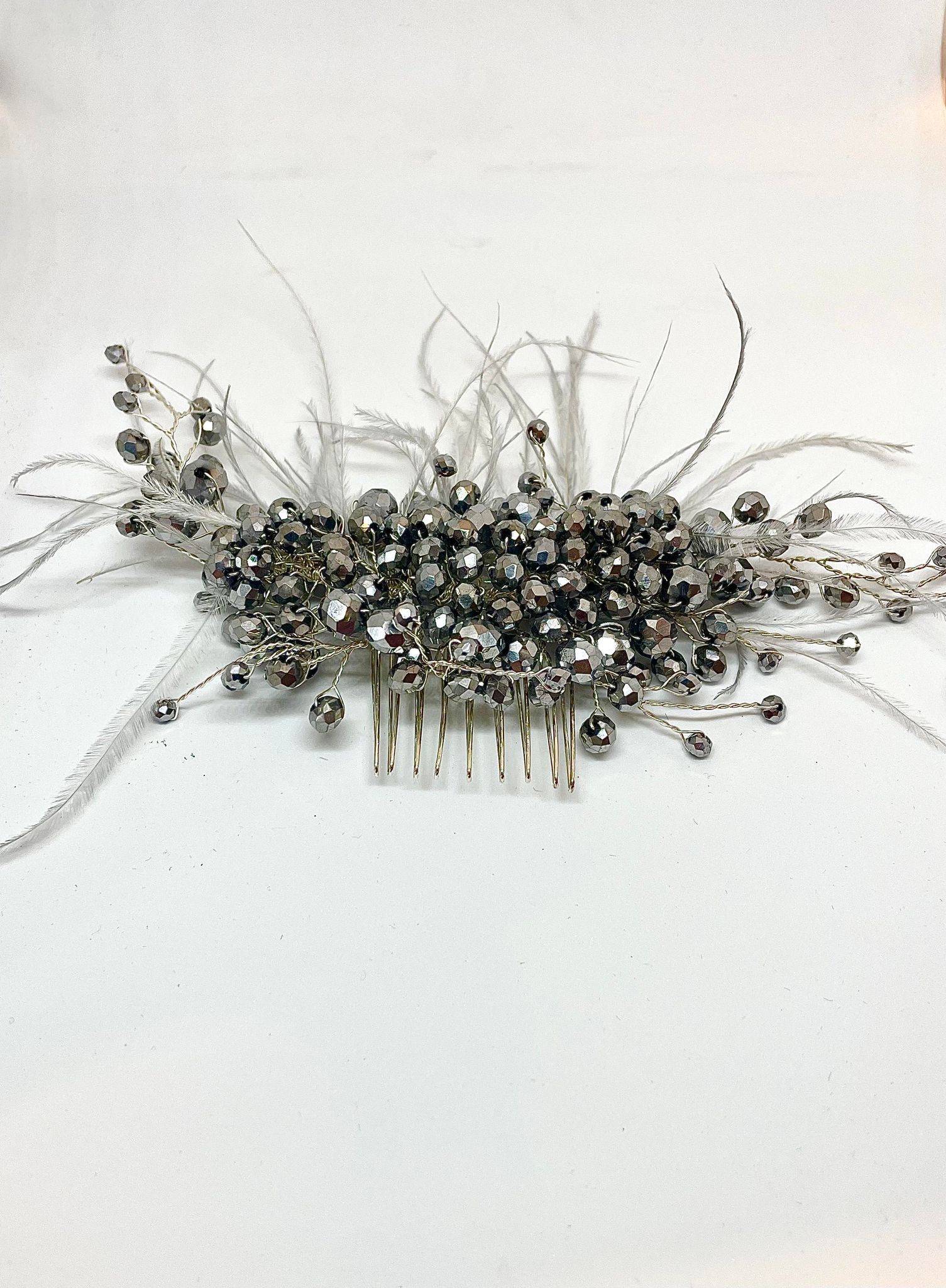 Artisan hair accessory:  beading and feathers - clear