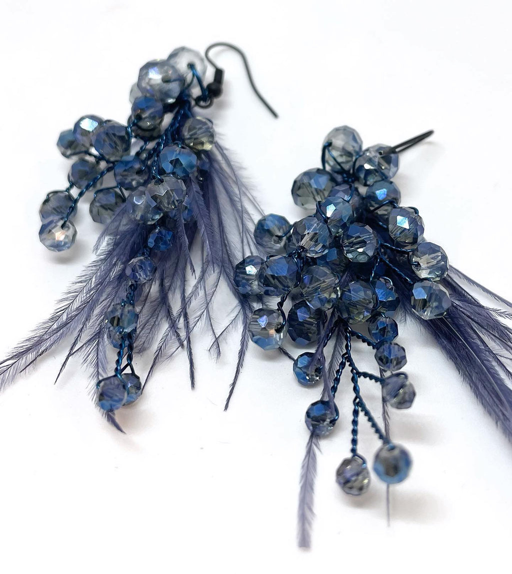 Handmade beaded and feather earrings - silver, blue, green