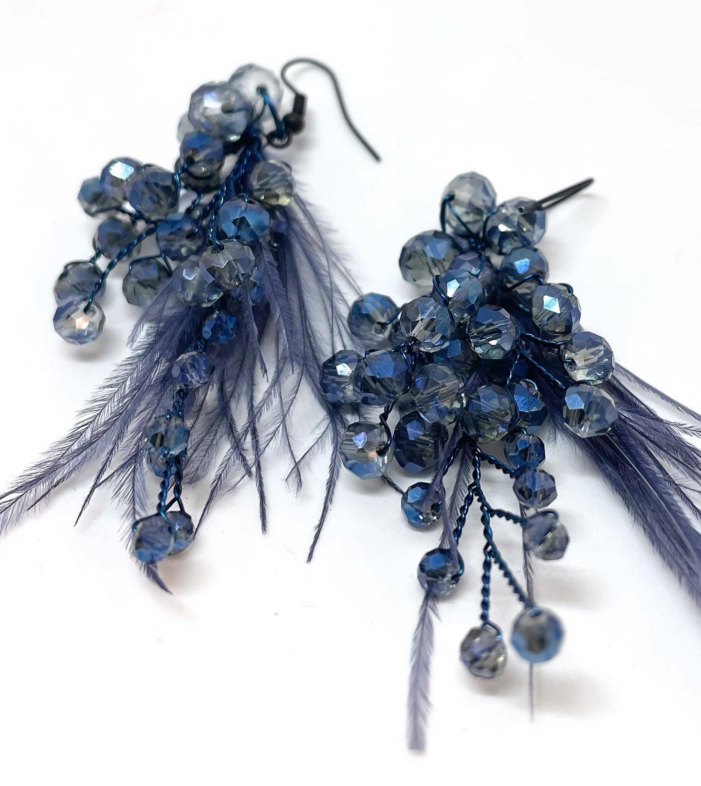 Handmade beaded and feather earrings - silver, blue, green