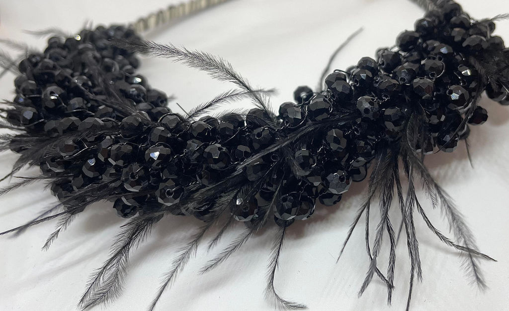 Artisan hair accessory: Headband detailed with feathers and beads - black swan