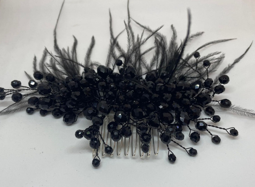 Artisan hair accessory: beading and feathers -black swan