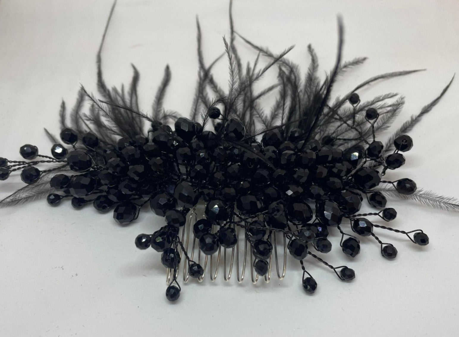 Artisan hair accessory: beading and feathers -black swan