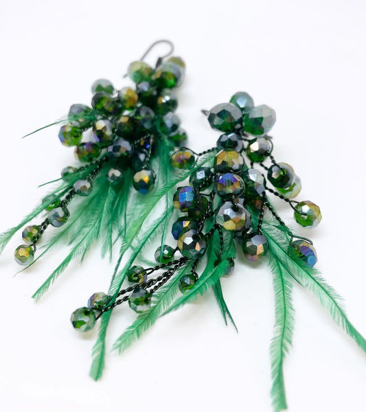 Handmade beaded and feather earrings - silver, blue, green