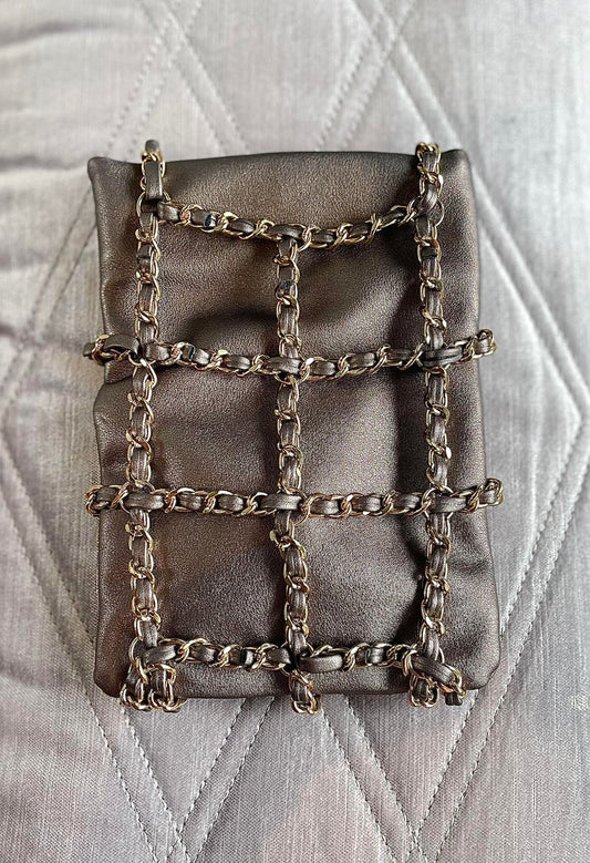 Crossbody bag with gold chain patchwork - bronze