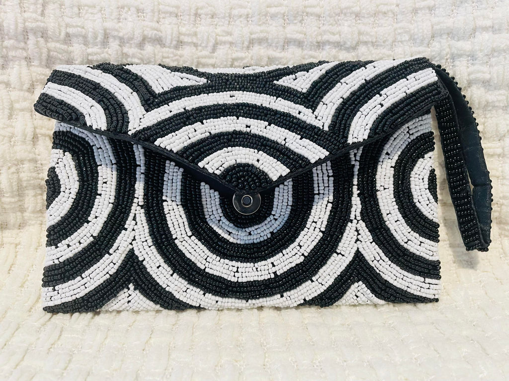 Hand beaded black and white clutch