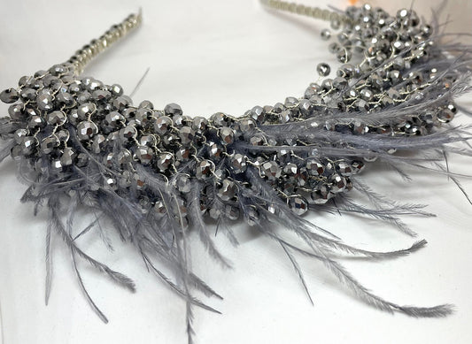 Artisan hair accessory: Headband detailed with feathers and beads- silver