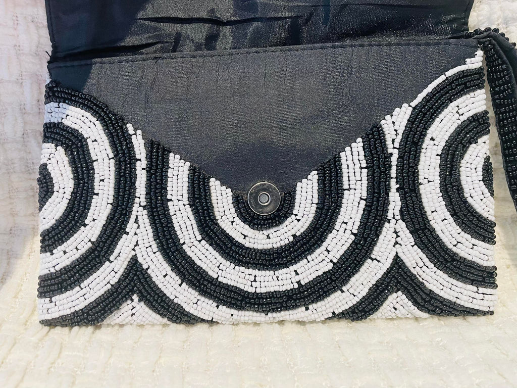 Hand beaded black and white clutch