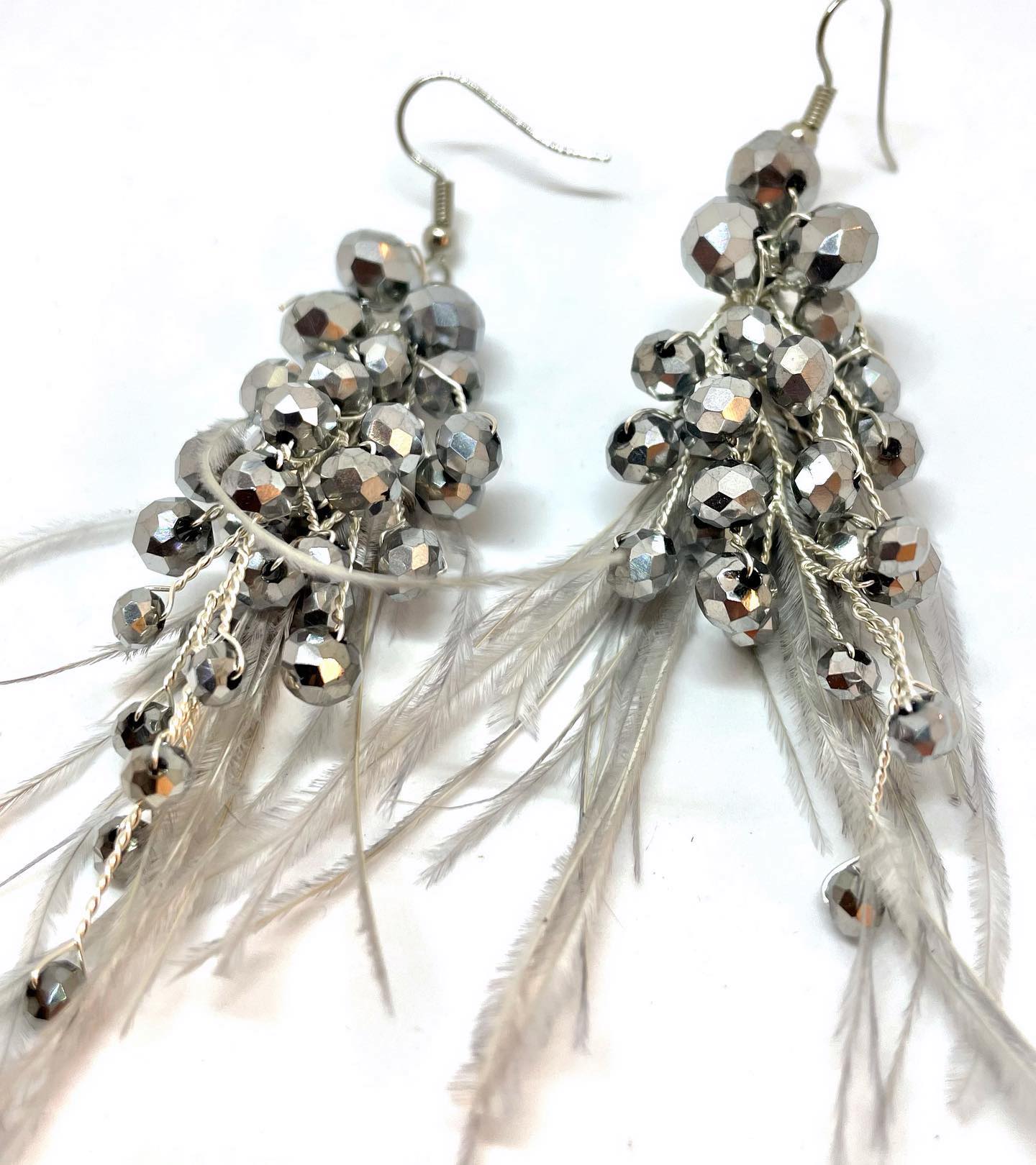 Handmade beaded and feather earrings - silver, blue, green