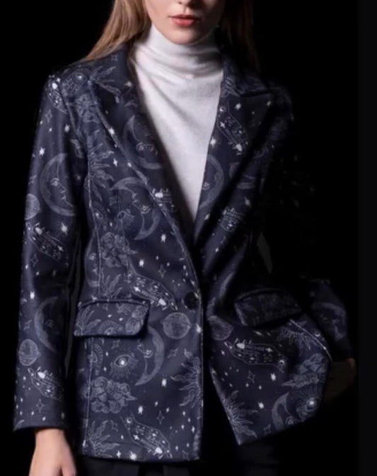 Ladies Celestial Navy Jacket - detailed with Sun, Stars, Moon and planets