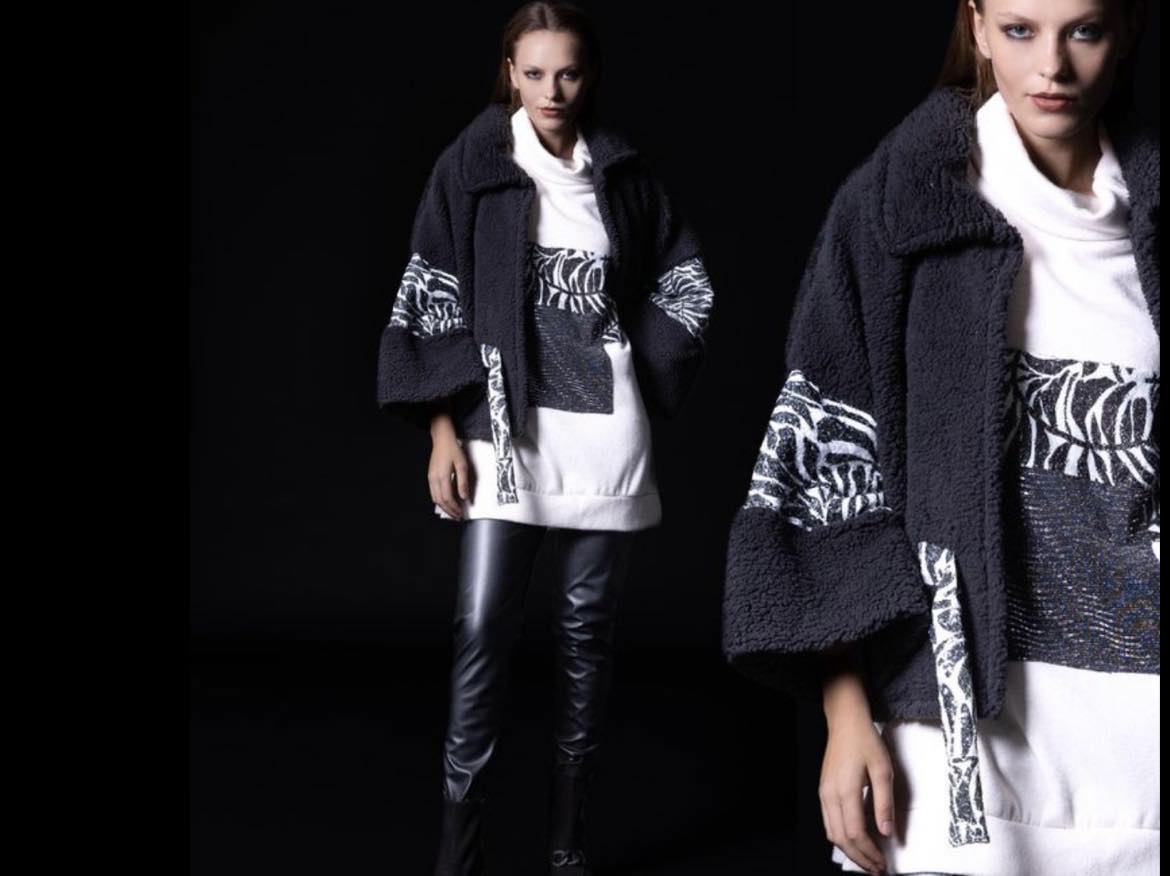 Ladies cotton coat - black and white accent and micro sequin detail