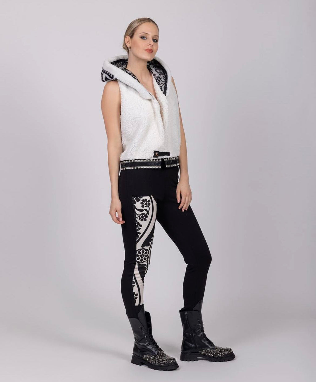 Ladies hooded cotton vest - black and white accent and micro sequin detail