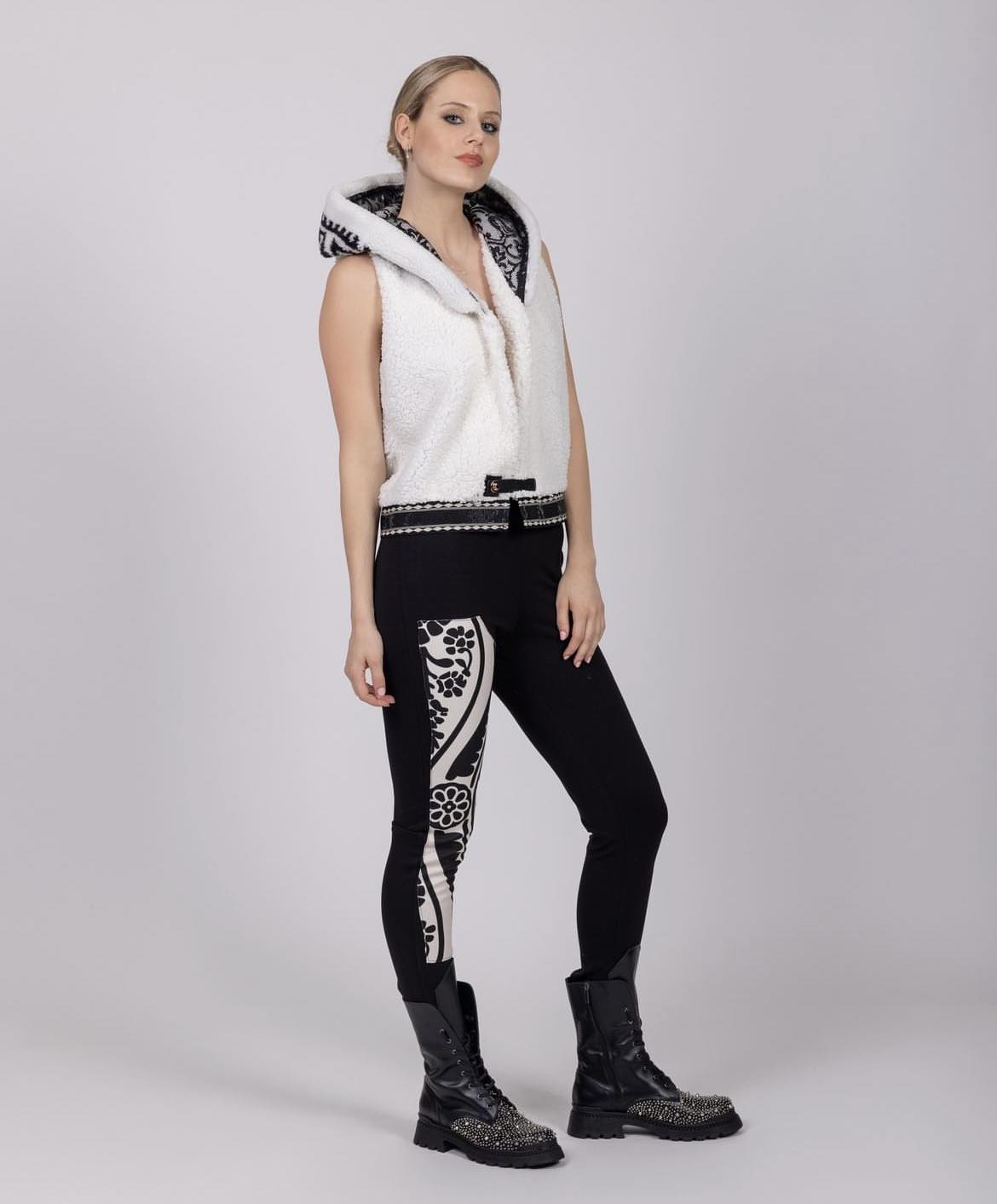 Ladies hooded cotton vest - black and white accent and micro sequin detail