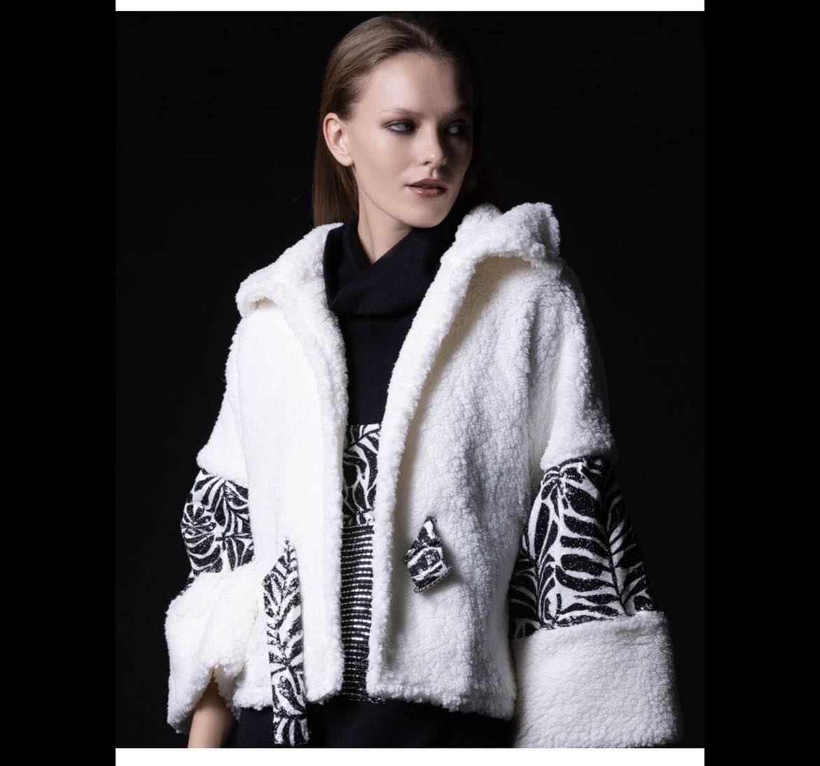 Ladies cotton coat - black and white accent and micro sequin detail