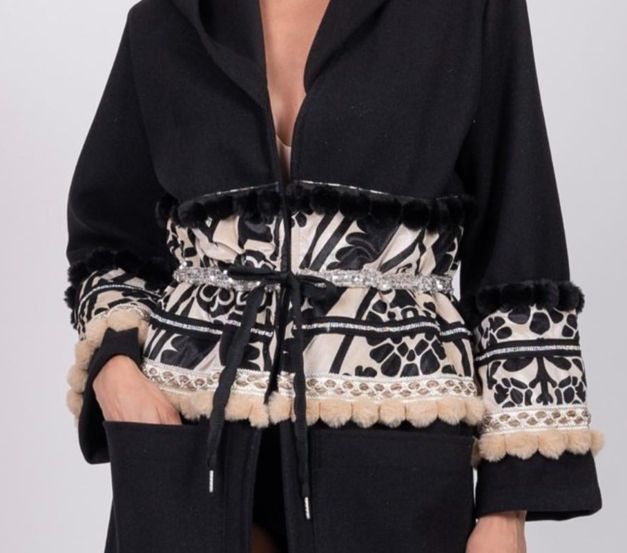Ladies Hooded Maxi Coat - black and white accent, sequins and faux fur trim