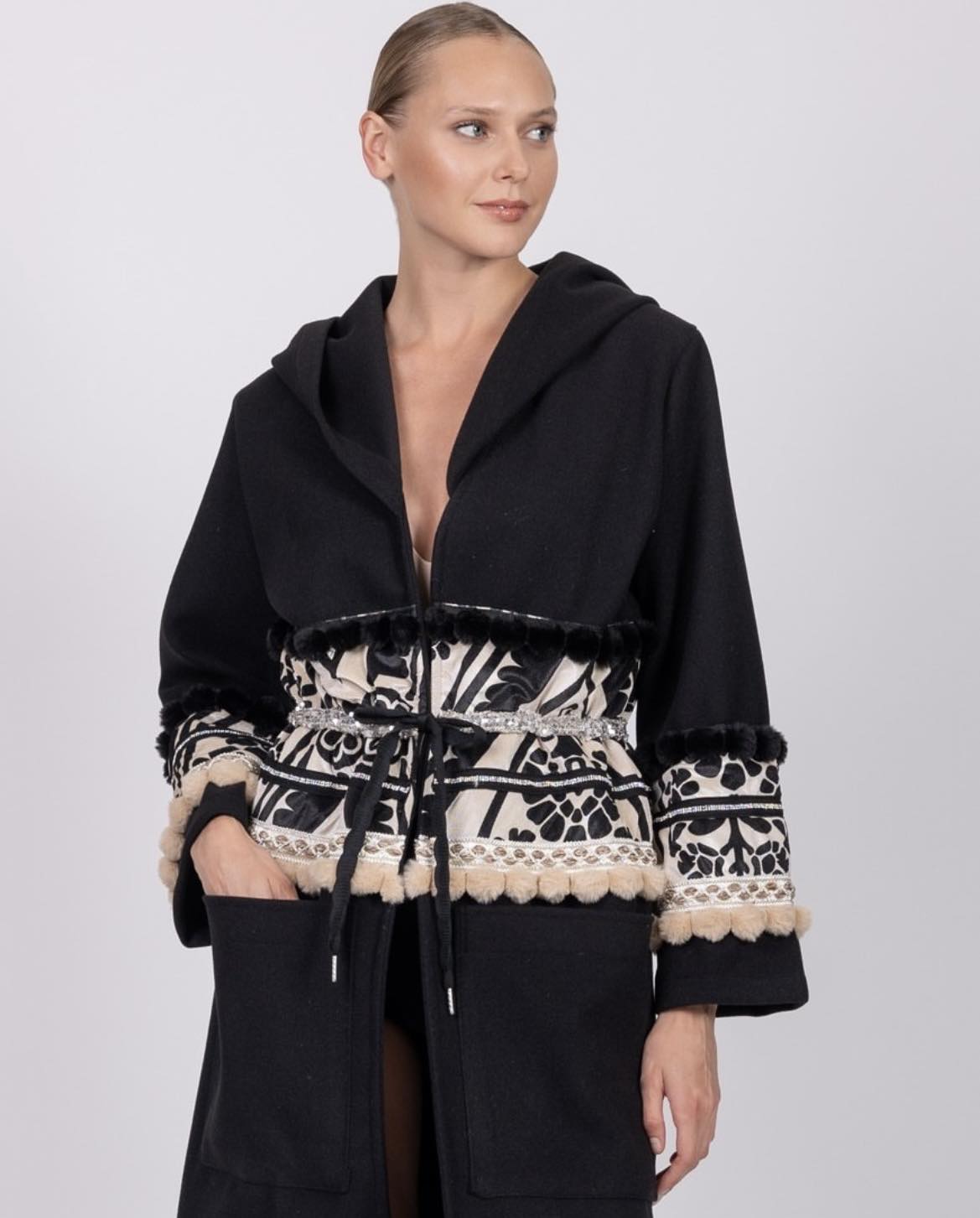 Ladies Hooded Maxi Coat - black and white accent, sequins and faux fur trim