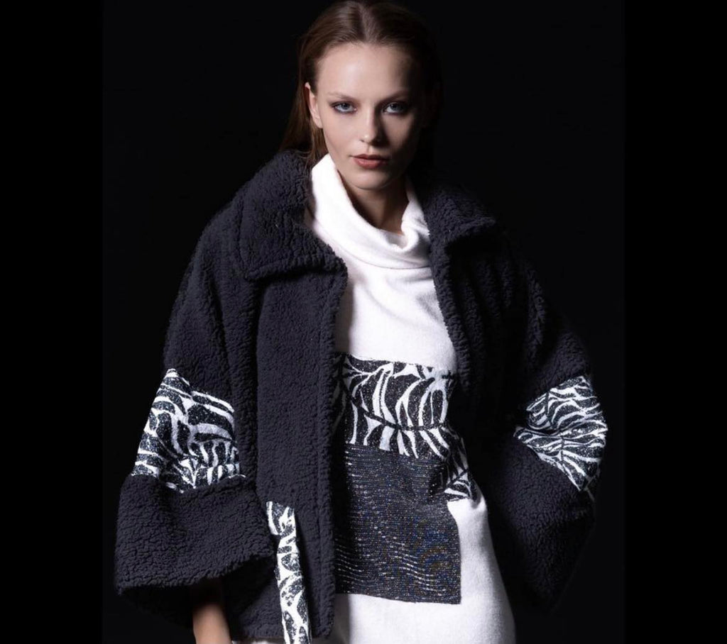 Ladies cotton coat - black and white accent and micro sequin detail