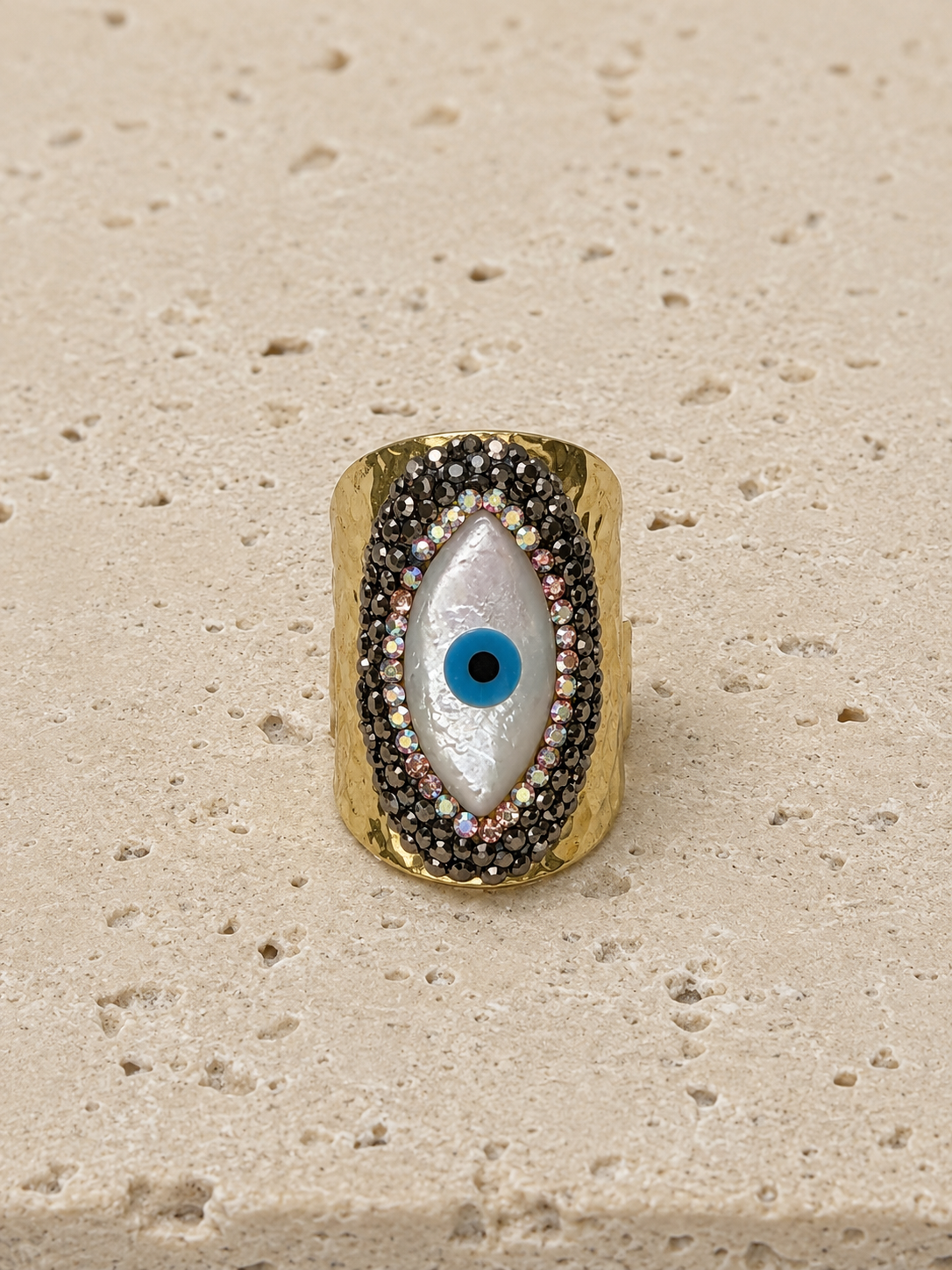 Black crystal mother of pearl ring