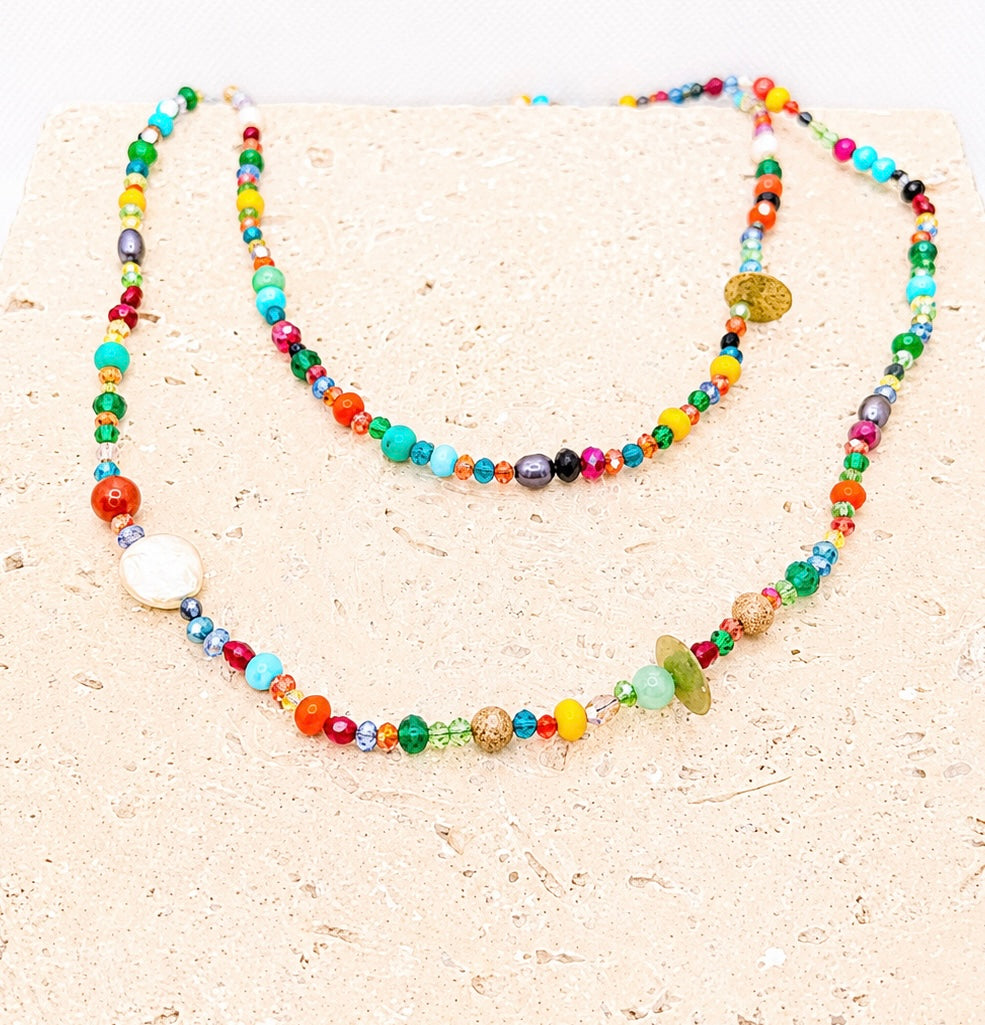 Semi precious stones, crystal and glass beading adjustable length necklace