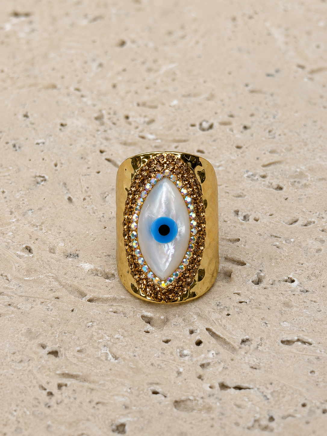 Gold crystal mother of pearl ring