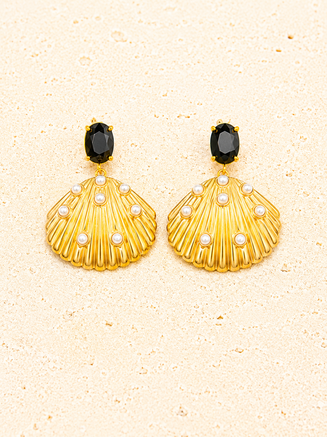 Black crystal gold shell earrings with pearls