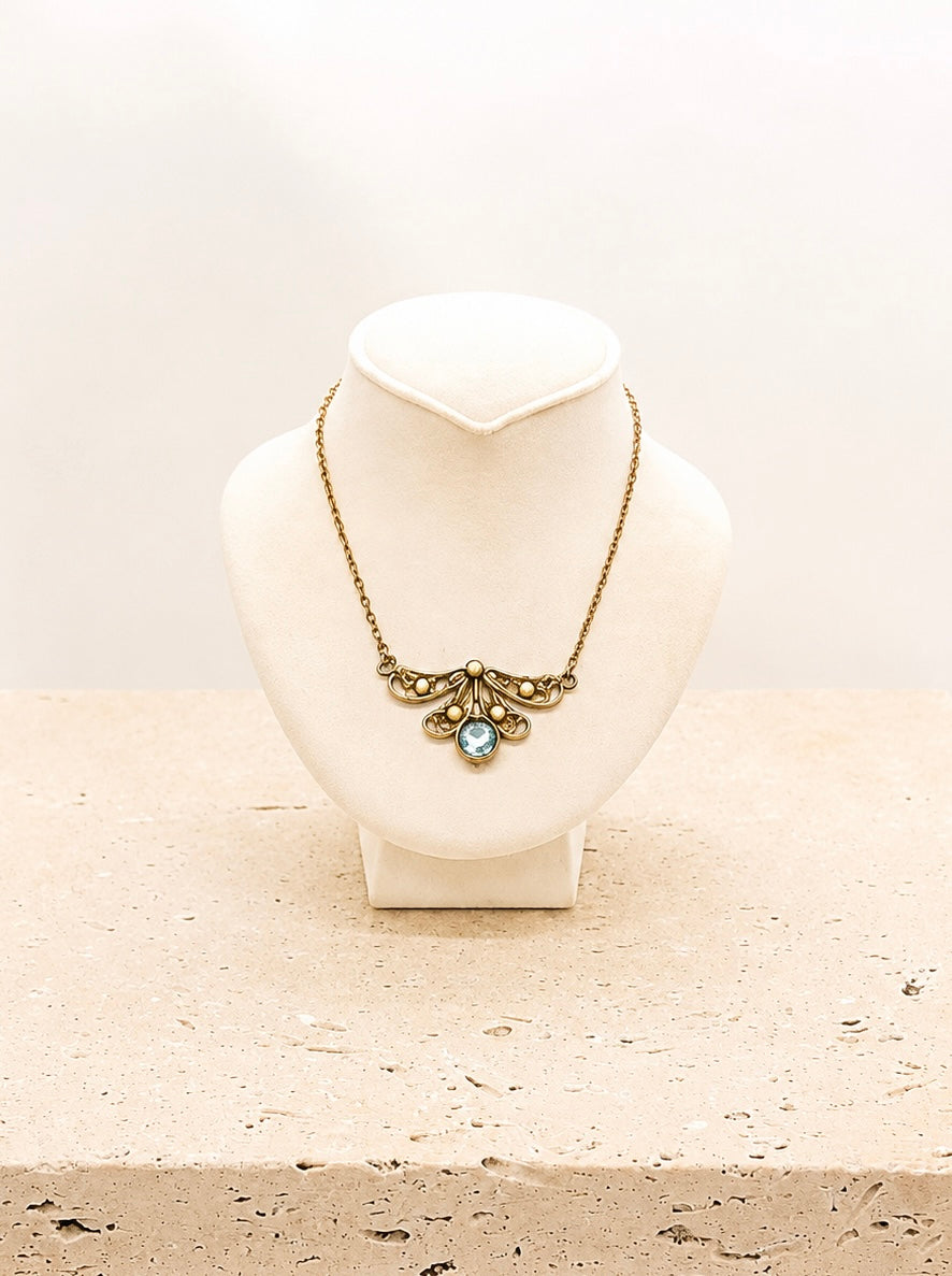 Brass Filigree Blue Crystal necklace