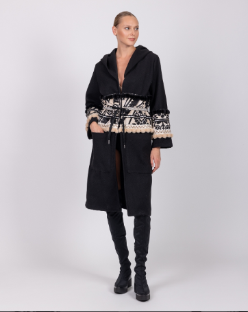 Ladies Hooded Maxi Coat - black and white accent, sequins and faux fur trim