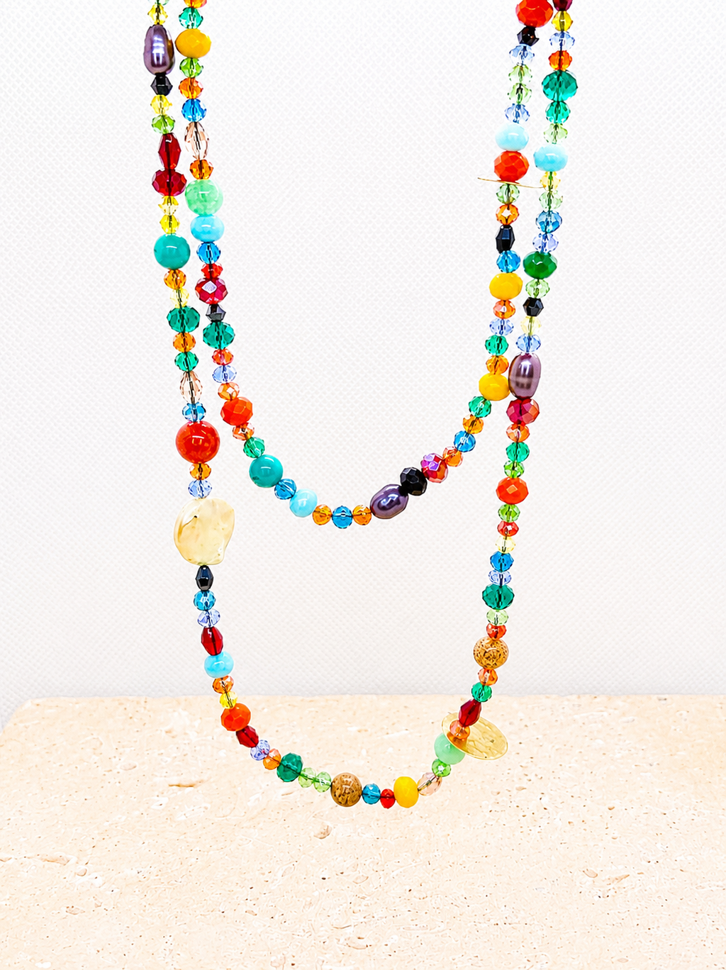 Semi precious stones, crystal and glass beading adjustable length necklace