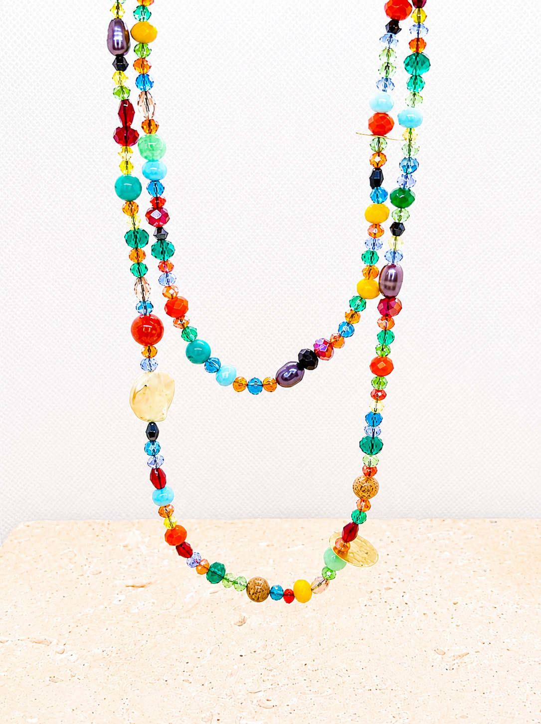 Semi precious stones, crystal and glass beading adjustable length necklace