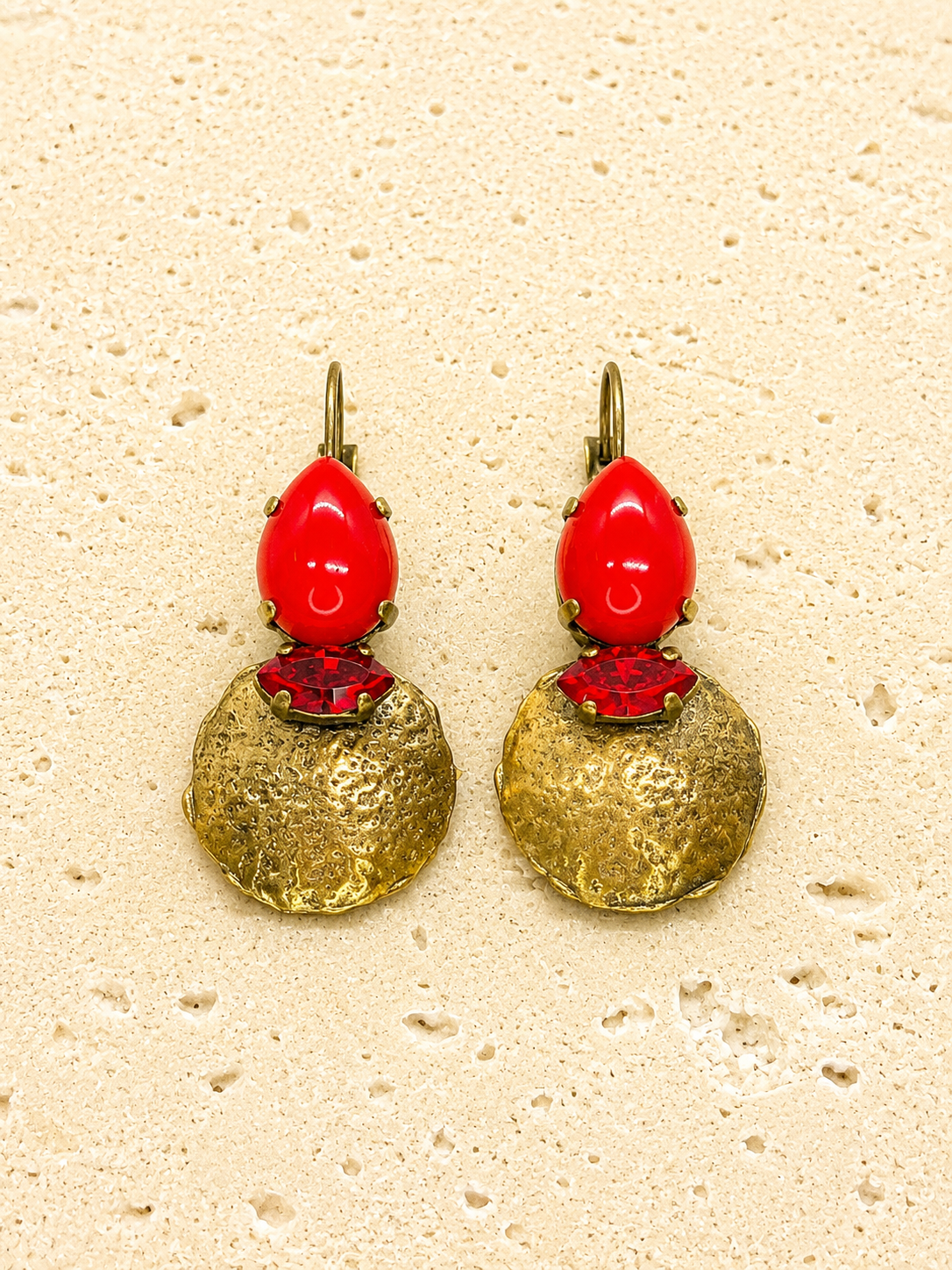 Red Crystal and brass earrings