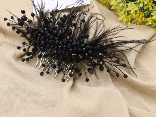 Artisan hair accessory: beading and feathers -black swan