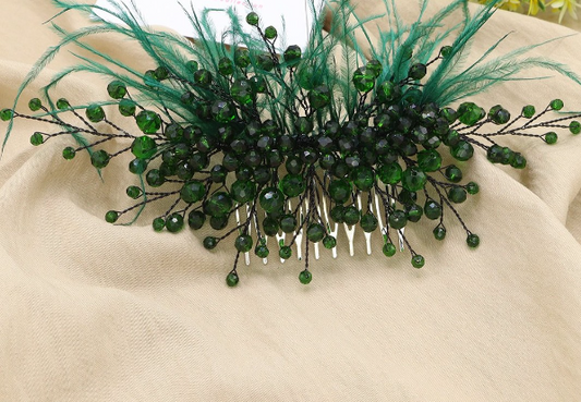 Artisan hair accessory: beading and feathers - emerald green