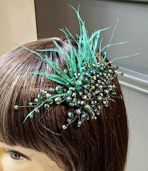 Artisan hair accessory: beading and feathers - emerald green